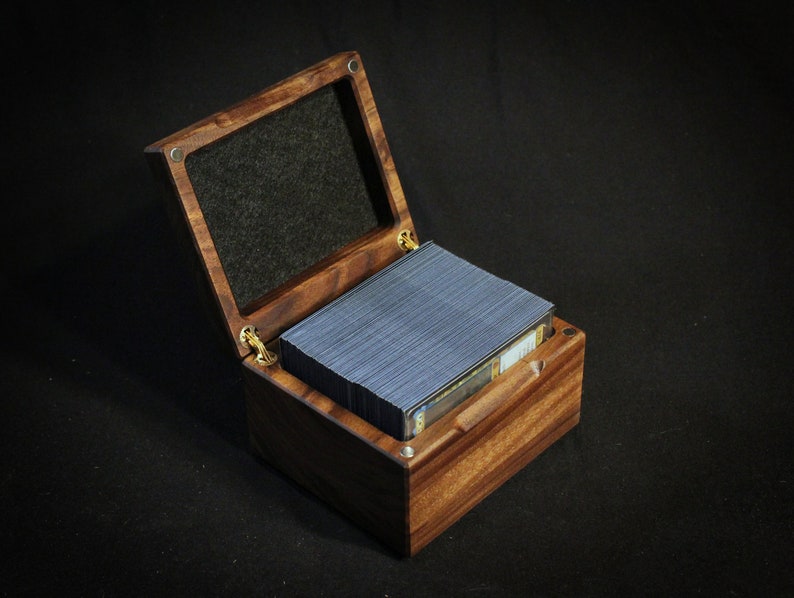 Walnut Deck Box with lid open, deck shown inside