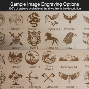 May include: A collection of 21 different wood-burned images on a wooden board. The images include a Celtic knot, a dragon, a tiger, a horse, a crow, a cherry blossom, a forest, an island, an ocean wave, a mountain, grass, a palm tree, an archery target, a battle axe, a sword, and a swamp tree. The text "TOTALLY NOT A MIMIC" is also included on the board.