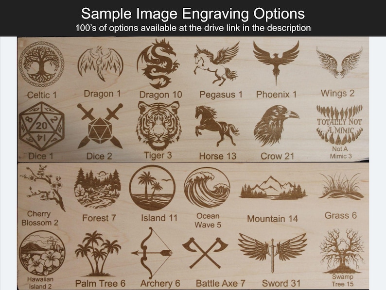 May include: A collection of 21 different wood-burned images on a wooden board. The images include a Celtic knot, a dragon, a tiger, a horse, a crow, a cherry blossom, a forest, an island, an ocean wave, a mountain, grass, a palm tree, an archery target, a battle axe, a sword, and a swamp tree. The text "TOTALLY NOT A MIMIC" is also included on the board.