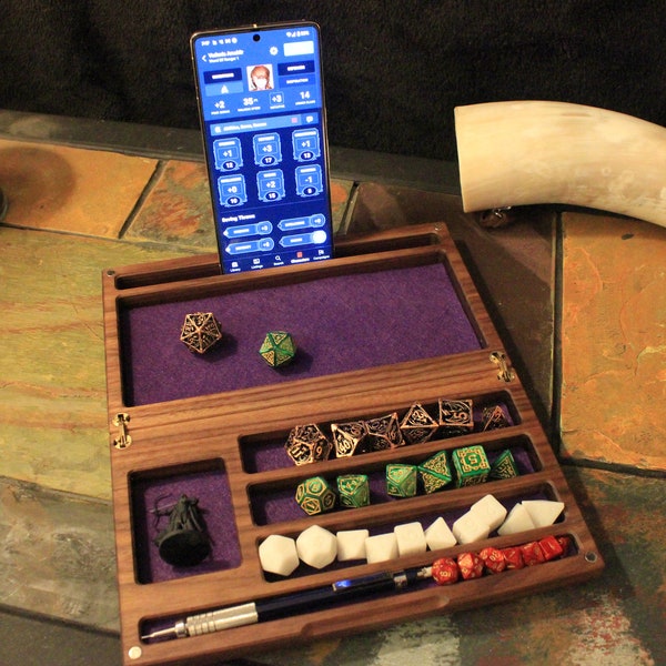 Personalized Hardwood Dice Tray and Vault With Phone/Tablet Stand