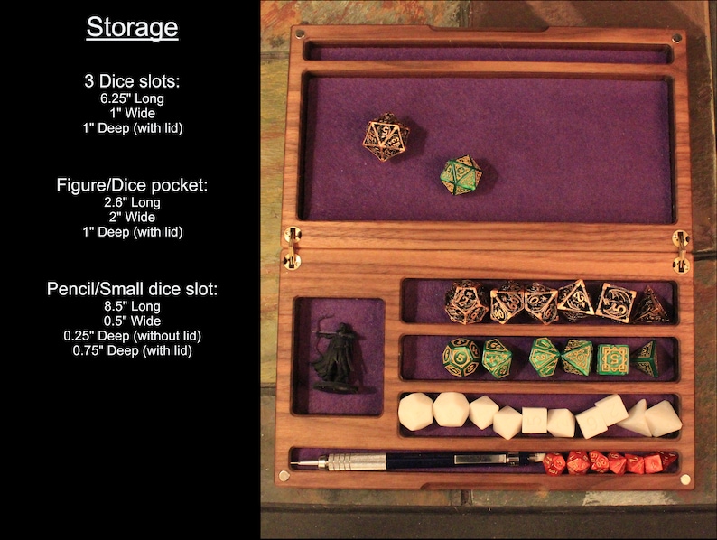 May include: A wooden box with a purple felt interior and compartments for storing dice, figures, and pencils. The box has three dice slots, a figure/dice pocket, and a pencil/small dice slot. The box is 6.25 inches long, 1 inch wide, and 1 inch deep.