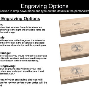 May include: Four engraving options for a wooden box. The options include text only, image only, text and image, and custom engraving. The image shows a sample of each option with a tree of life design.