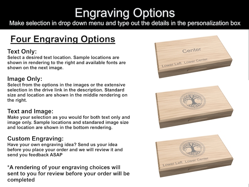 May include: Four engraving options for a wooden box. The options include text only, image only, text and image, and custom engraving. The image shows a sample of each option with a tree of life design.