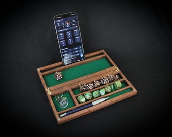 Personalized Compact Hardwood Dice Tray and Vault With Phone/Tablet Stand
