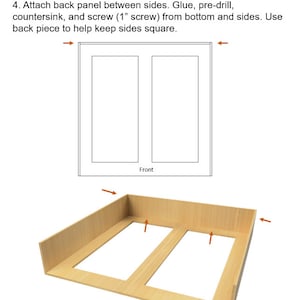 May include: Diagram showing how to assemble a wooden box. The diagram shows the back panel being attached to the sides of the box. The text reads "Attach back panel between sides. Glue, pre-drill, countersink, and screw (1" screw) from bottom and sides. Use back piece to help keep sides square."