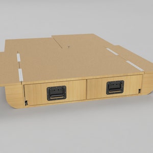 May include: A wooden platform bed frame with two drawers. The drawers have black handles and are made of light wood. The platform is made of a light brown wood.