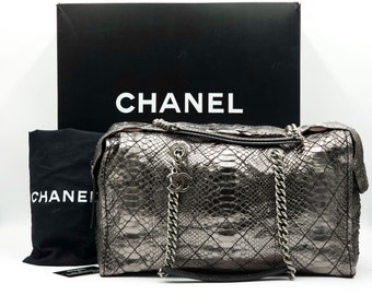 Authentic Chanel Iridescent Metallic Silver Python Bowler Chain Boston Bag