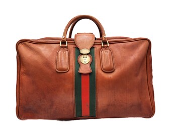 Authentic Gucci Cognac Leather Sherry Ophidia Boston Travel Suitcase Bag