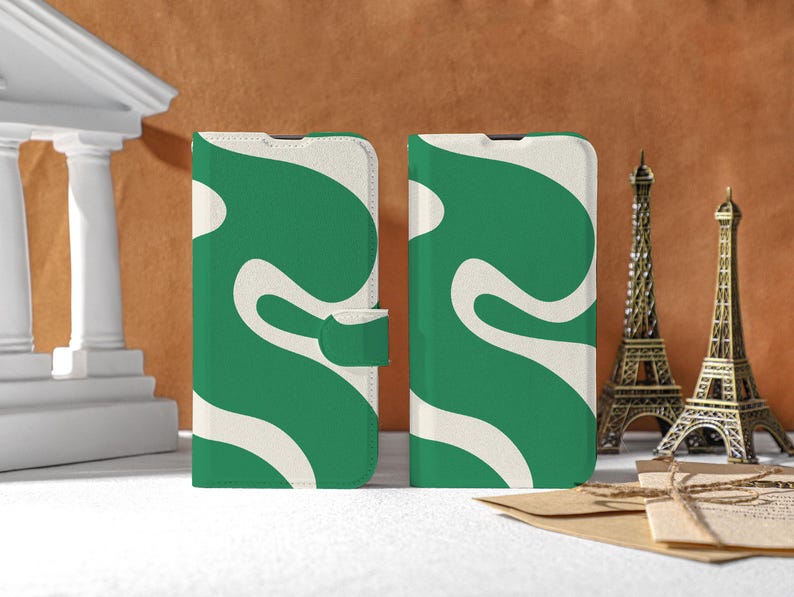 Personalized Wallet Flip Phone Case With Card Holder, Dark Green Beige