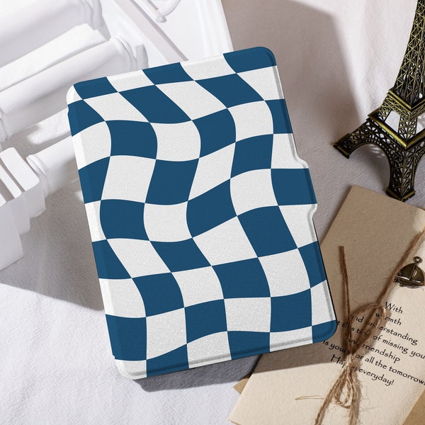 Navy Blue Plaid Print Handstrap Kindle Case 2023, All New Kindle Case Paperwhite Cover, Ombre Art Paperwhite 2021 Case Kindle 10Gen Case