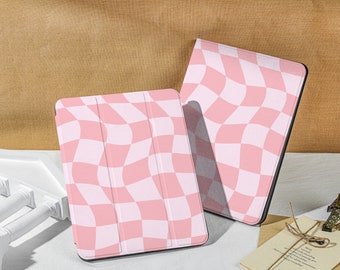 Pink Bent Plaid iPad Case For Air4 5iPad 10.2" 12.9'' Case with Apple Pencil Holder, iPad 9.7" 10.5" 2022 Pro 11" iPad Mini 5 6 Case