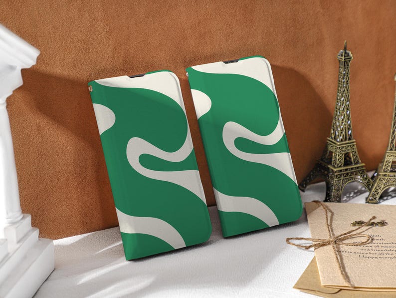 Personalized Wallet Flip Phone Case With Card Holder, Dark Green Beige