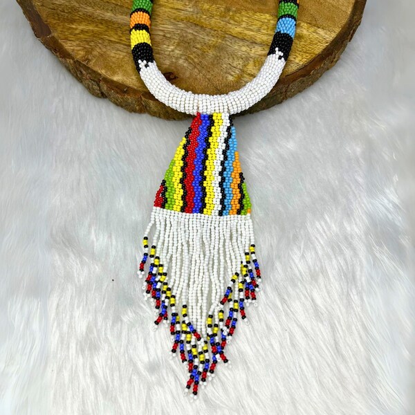 Ukrainian Necklace,Ethnic woven beaded necklace with earrings ,Huichol beadwork tassel necklace, Mexican Indigenous Beaded Jewelry