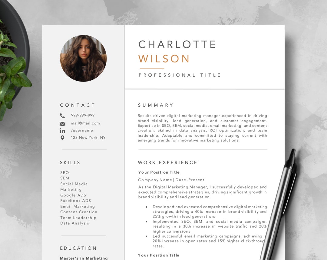 Clean, Simple, Modern, Minimalist Resume Template for Word, Apple Pages ...