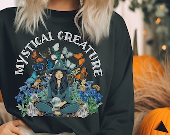 Mystical Creature Witch Sweatshirt garden witch sweater cute halloween sweater crystal ball shirt mystic gift floral witch psychic crewneck