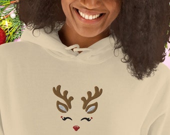 Embroidered Reindeer Hoodie Rudolf Sweatshirt Minimalist Christmas Sweater Embroidered Sleeves