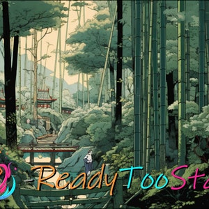 May include: A digital painting of a lush green bamboo forest with a traditional Japanese temple in the background. The painting has a calming and serene atmosphere.