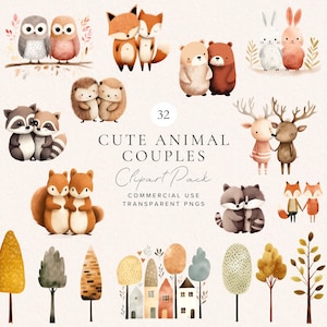 Valentinstag Tier Paar Clipart | Süße Waldtiere | Liebe Romantische | Niedliche Valentinstag Clip Art | Digitaler Download | Kommerzielle Nutzung