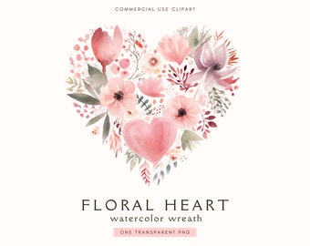 Floral Heart Clipart | Watercolor Hearts Clipart Png | Digital Paper Crafting | Wedding Clip Art | Valentines | Love | Digital Download