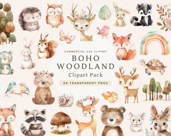 Boho Woodland Clipart | Cute Baby Animals | Woodland Nursery Decor | Baby Shower | Watercolor Forest Animals PNG | Scrapbooking | Fox | Bear