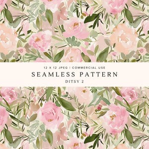 Könnte beinhalten: Nahtloses Aquarellmuster mit rosa und pfirsichfarbenen Rosen und grünem Laub. Das Design enthält den Text "SEAMLESS PATTERN DITSY 2" und ist als 12 x 12 JPEG für kommerzielle Zwecke gekennzeichnet. Das Blumenmuster eignet sich für verschiedene Anwendungen.