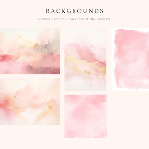 May include: Five digital watercolor backgrounds in shades of pink, peach, and gold. The backgrounds are perfect for adding a touch of elegance to your designs.