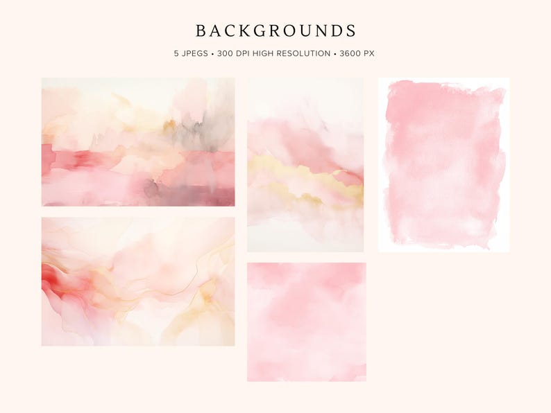 May include: Five digital watercolor backgrounds in shades of pink, peach, and gold. The backgrounds are perfect for adding a touch of elegance to your designs.