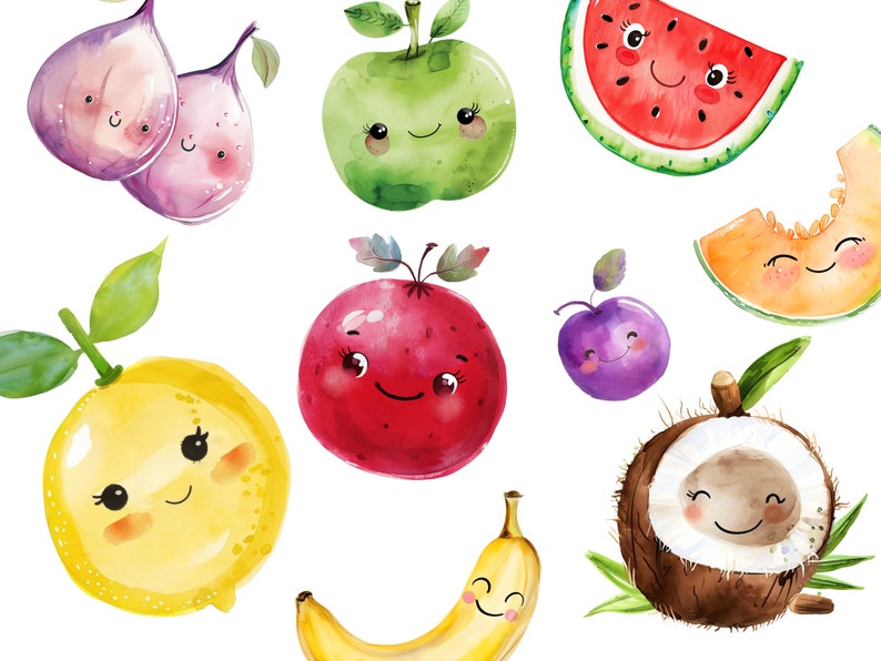 May include: Watercolor illustration of various fruits and vegetables with cartoon faces. The fruits and vegetables include a lemon, a banana, a watermelon, a coconut, a fig, an apple, a plum, a cantaloupe, and a red apple.