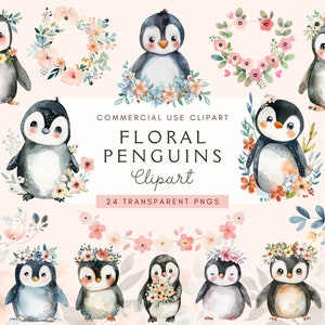 Clipart de pingüino floral de acuarela / Conjunto de pingüinos PNG / Descarga digital / Manualidades / Paquete de ilustraciones / Lindo pingüino / Flores / Imprimible