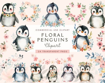 Watercolor Floral Penguin Clipart | Penguin Png Set | Digital Download | Crafting | Illustration Bundle | Cute Penguin | Flowers | Printable