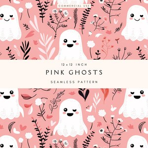 May include: A seamless pattern featuring white ghosts with black eyes and smiling mouths on a pink background. The pattern also includes black and white floral elements. The text "12 x 12 INCH PINK GHOSTS SEAMLESS PATTERN" is displayed at the bottom of the image.