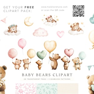 K&ouml;nnte beinhalten: Aquarell-Clipart-Set mit Babyb&auml;ren, Luftballons, Wolken und Sternen in sanften Pastellfarben. Enth&auml;lt Banner, Herzen und nahtlose Muster. Der Text lautet "BABY BEARS CLIPART" und "GET YOUR FREE CLIPART PACK".