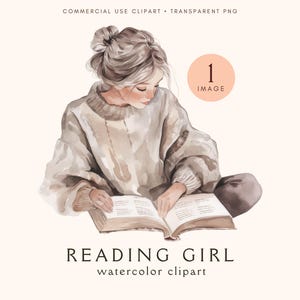 Clipart ragazza che legge / Diario spazzatura / Svg ragazza che legge / Amante dei libri / Clip art donna / Png libro / Topo di biblioteca Png / Illustrazione acquerello