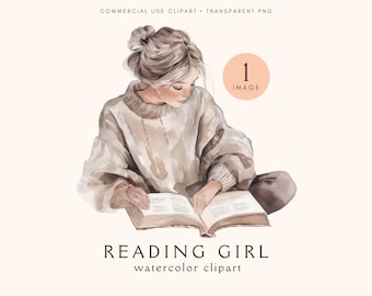 Mädchen lesen Clipart | Junk Journal | Mädchen Lesezeichen | Buchliebhaber | Frau Clip Art | Buch | Bücherwurm Png | Aquarell Illustration