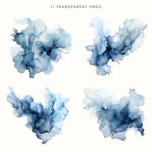 May include: Four abstract watercolor illustrations in shades of blue and white. The illustrations are in the shape of clouds or smoke.