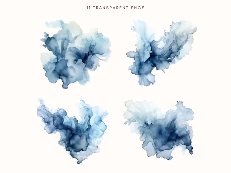 May include: Four abstract watercolor illustrations in shades of blue and white. The illustrations are in the shape of clouds or smoke.