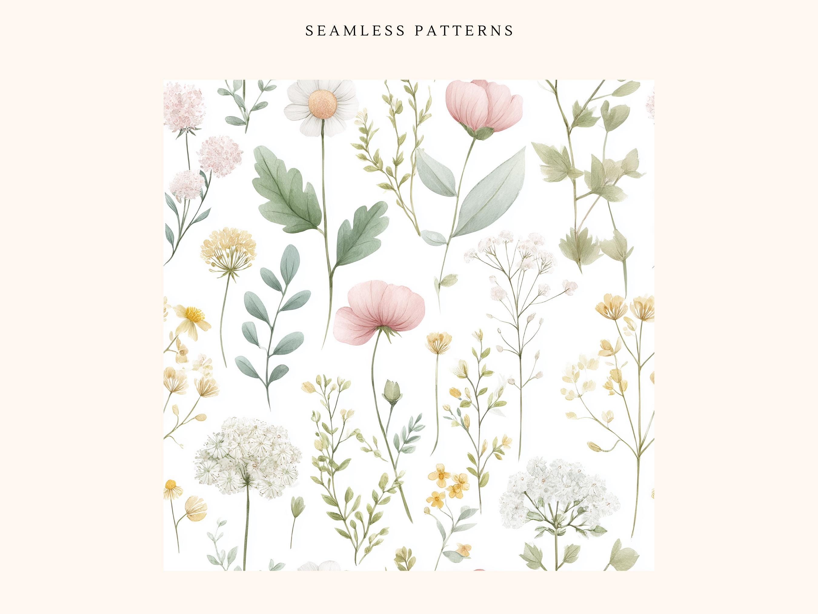 Wildflowers Sage Digital Paper Set | Seamless Floral Patterns, Gingham ...