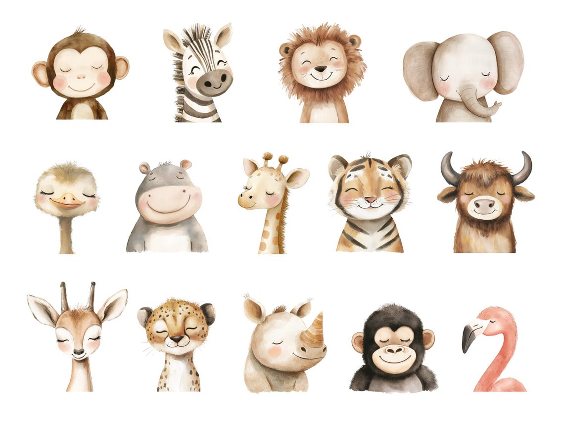 Boho Safari Clipart | Cute Jungle Animal Faces PNG | Watercolor Baby ...