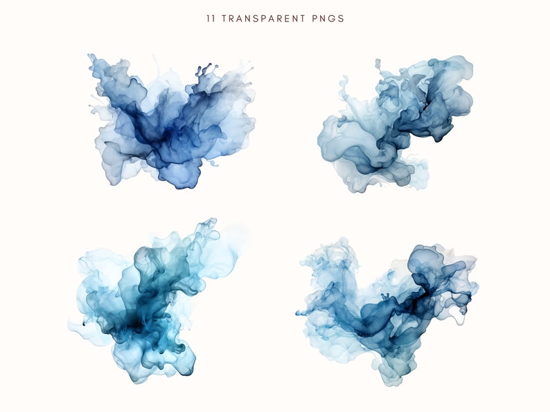 May include: Four abstract blue watercolor ink splatters on a white background. The ink is translucent and has a soft, ethereal quality.