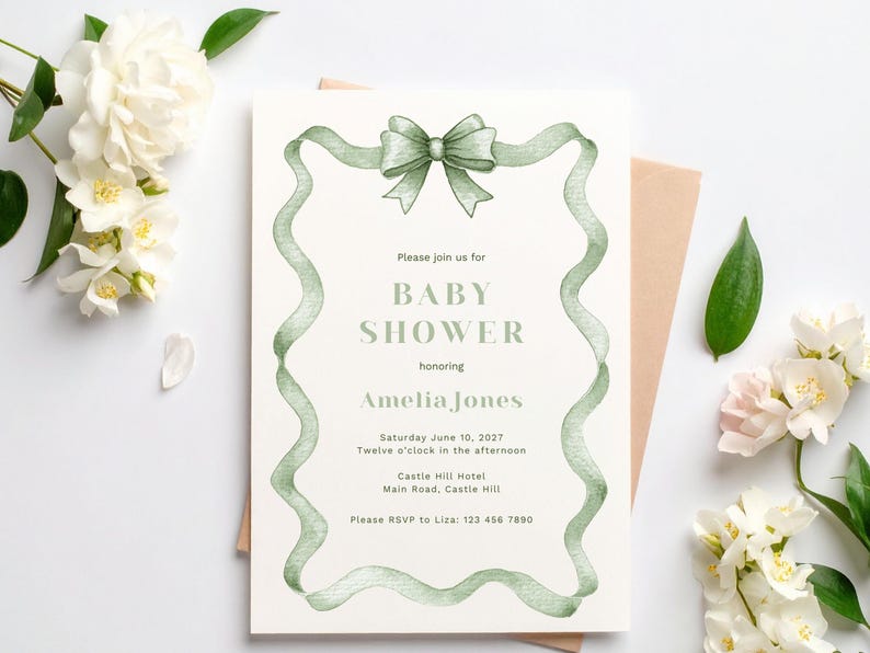 Puede incluir: Invitaci&oacute;n a un baby shower con un dise&ntilde;o de lazo y cinta verde. La invitaci&oacute;n incluye el texto "Baby Shower" y los detalles de la fiesta de Amelia Jones el 10 de junio de 2027, en el Hotel Castle Hill. Tambi&eacute;n se ven flores blancas y un sobre rosa.