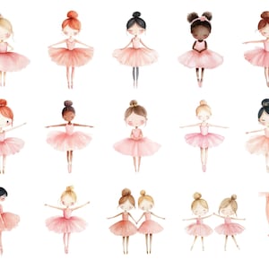 May include: Watercolor illustration of 14 ballerina girls with pink tutus and various hair colors. The girls are in different poses, some are smiling, some are looking straight ahead. There is also a pair of bare legs with pink ballet shoes.