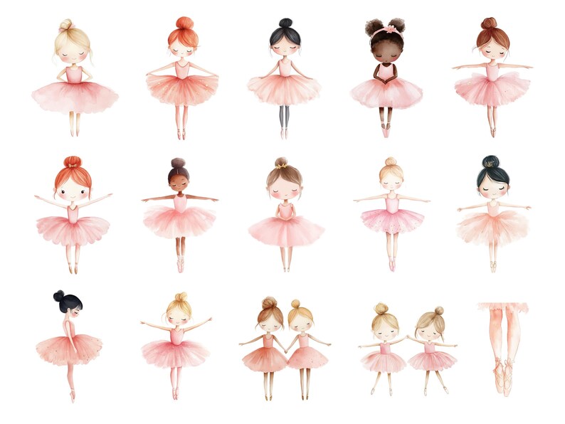 May include: Watercolor illustration of 14 ballerina girls with pink tutus and various hair colors. The girls are in different poses, some are smiling, some are looking straight ahead. There is also a pair of bare legs with pink ballet shoes.
