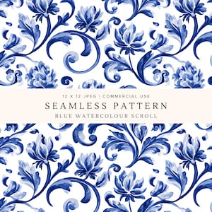Puede incluir: Un patrón sin costuras con volutas florales en acuarela azul sobre un fondo blanco. El texto dice 12 X 12 JPEG | COMMERCIAL USE SEAMLESS PATTERN BLUE WATERCOLOUR SCROLL. El diseño consiste en motivos botánicos azules repetitivos.
