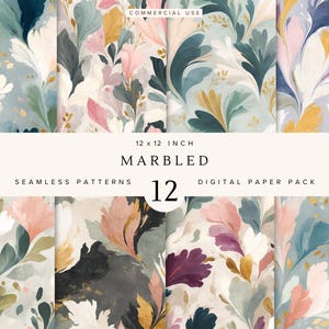 May include: A digital paper pack featuring 12 seamless patterns with a marbled floral design. The patterns showcase watercolor-style leaves in shades of pink, blue, gold, and green. The text reads "12 x 12 inch MARBLED SEAMLESS PATTERNS DIGITAL PAPER PACK".