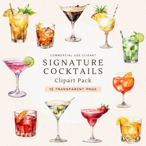 Pacchetto di clipart di cocktail ad acquerello / Bevanda tropicale / Cocktail estivi PNG / Menu del bar per matrimoni / Martini / Whisky / Alcol / Uso commerciale
