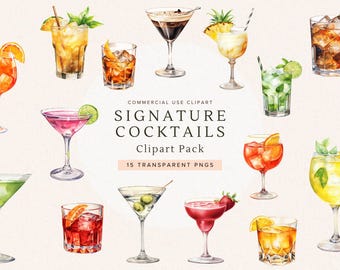 Watercolor Cocktail Clipart Bundle | Tropical Drink | Summer Cocktails PNG | Wedding Bar Menu | Martini | Whiskey | Alcohol | Commercial Use