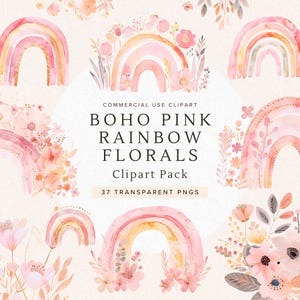 Imágenes prediseñadas de flores y arcoíris bohemios / Acuarela floral rosa linda / Descarga digital para decoración de guardería / Archivos PNG estéticos / Uso comercial