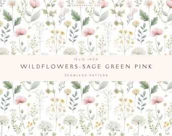 Könnte beinhalten: Ein nahtloses Muster mit Aquarellillustrationen von Wildblumen in Salbeigrün, Rosa und Gelb. Das Design umfasst verschiedene florale Elemente und Blätter auf weißem Hintergrund. Der Text lautet "WILDFLOWERS - SAGE GREEN PINK" und die Abmessungen betragen 30,48 x 30,48 cm.
