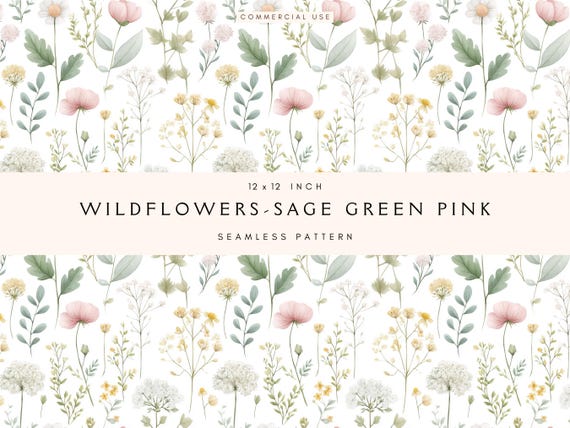 Wildflowers Sage Green Pink Seamless Pattern | Boho Flowers | Digital Paper for Crafts, Fabric Design, Project, Scrapbooking, Commercial Use