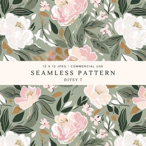 Puede incluir: Patrón floral sin costuras con grandes peonías blancas y rosas, pequeñas flores rosas y hojas verdes sobre un fondo verde apagado. El texto "SEAMLESS PATTERN DITSY 7" se muestra en una pancarta.
